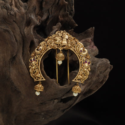 Radha–Krishna Hair Arch with Peacock-Terminal Curves