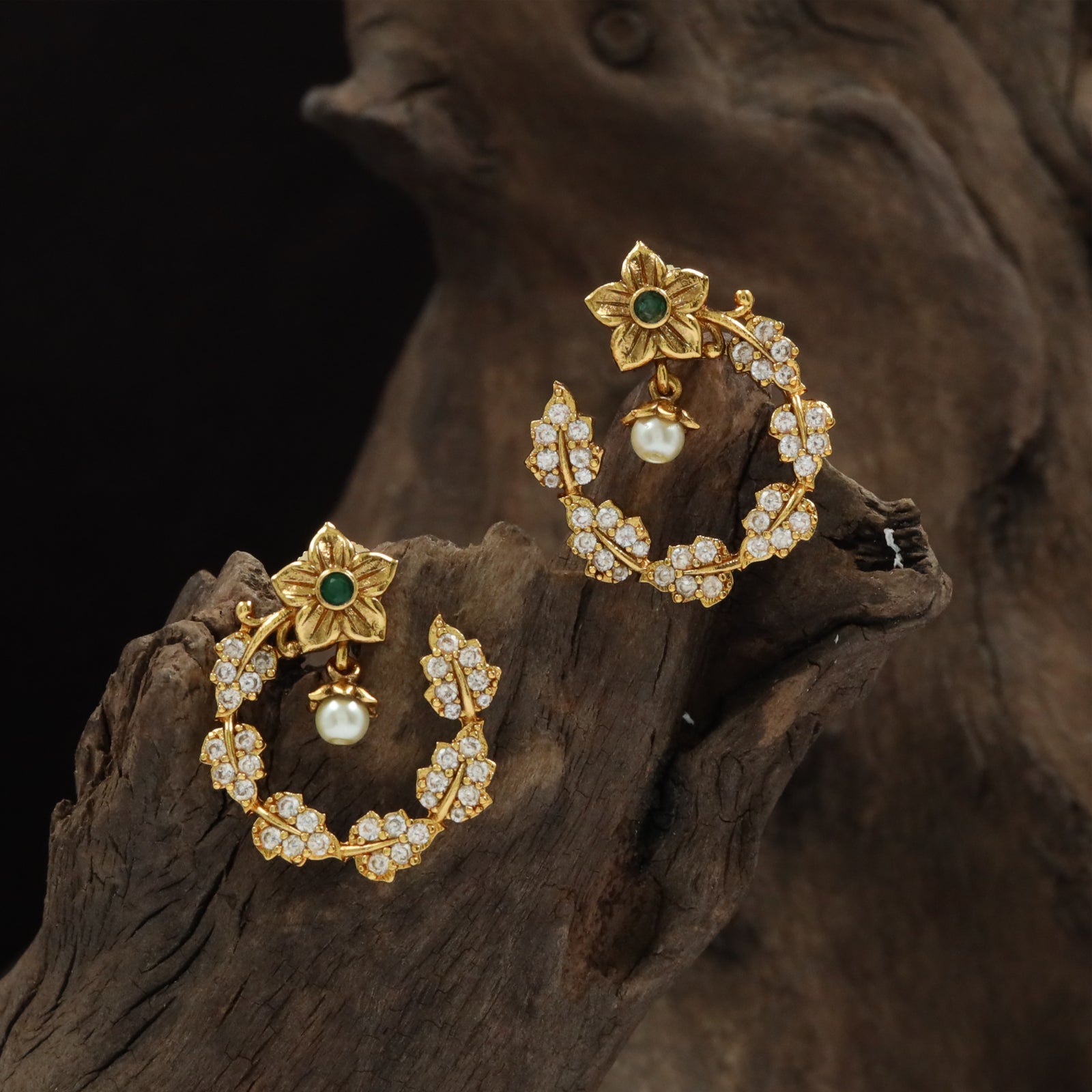 Curved Crescent Stud Earrings with Floral Accent and Pearl Hanging