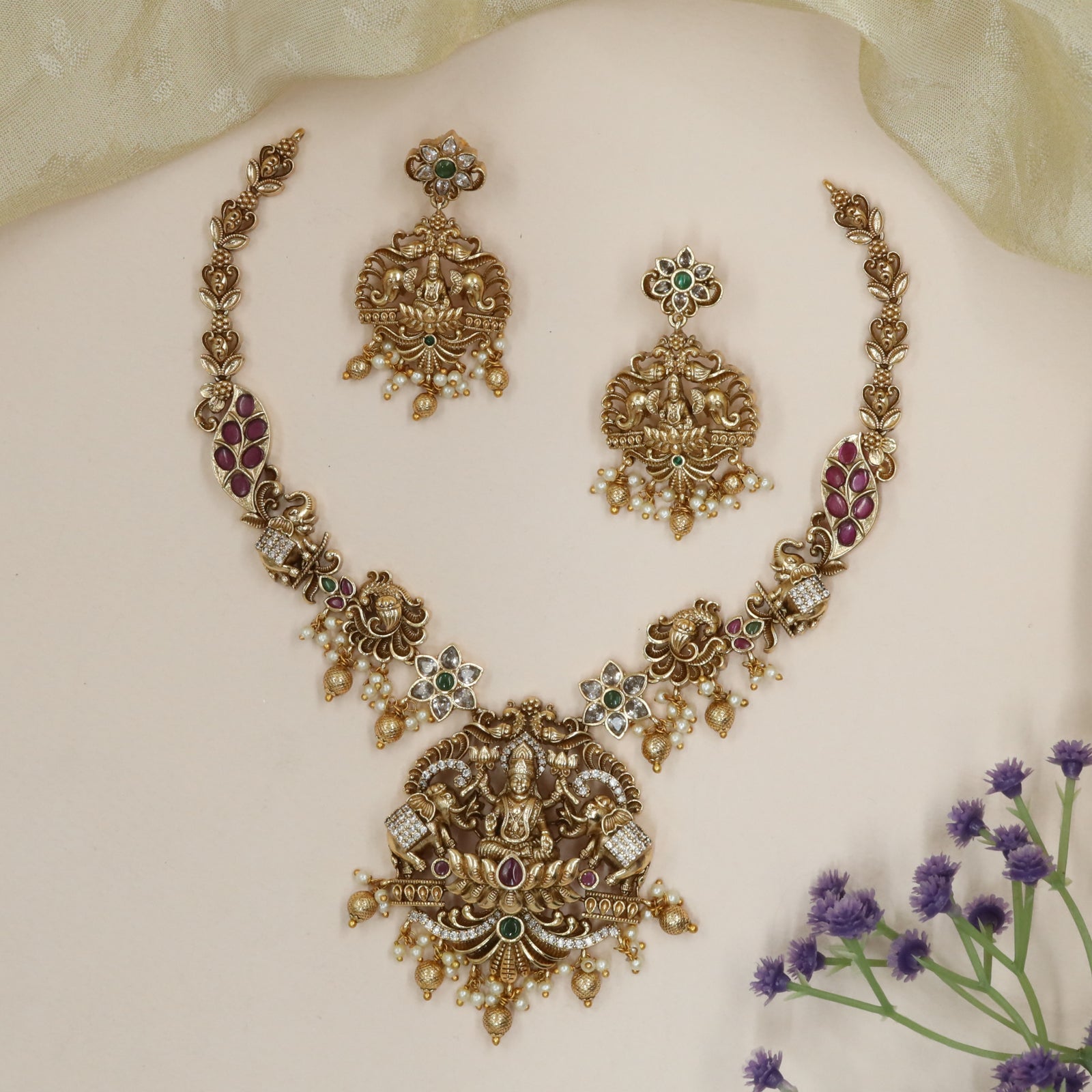 Gaja Lakshmi Shrine Necklace with Twin Elephant Flanks and Hanging Drops