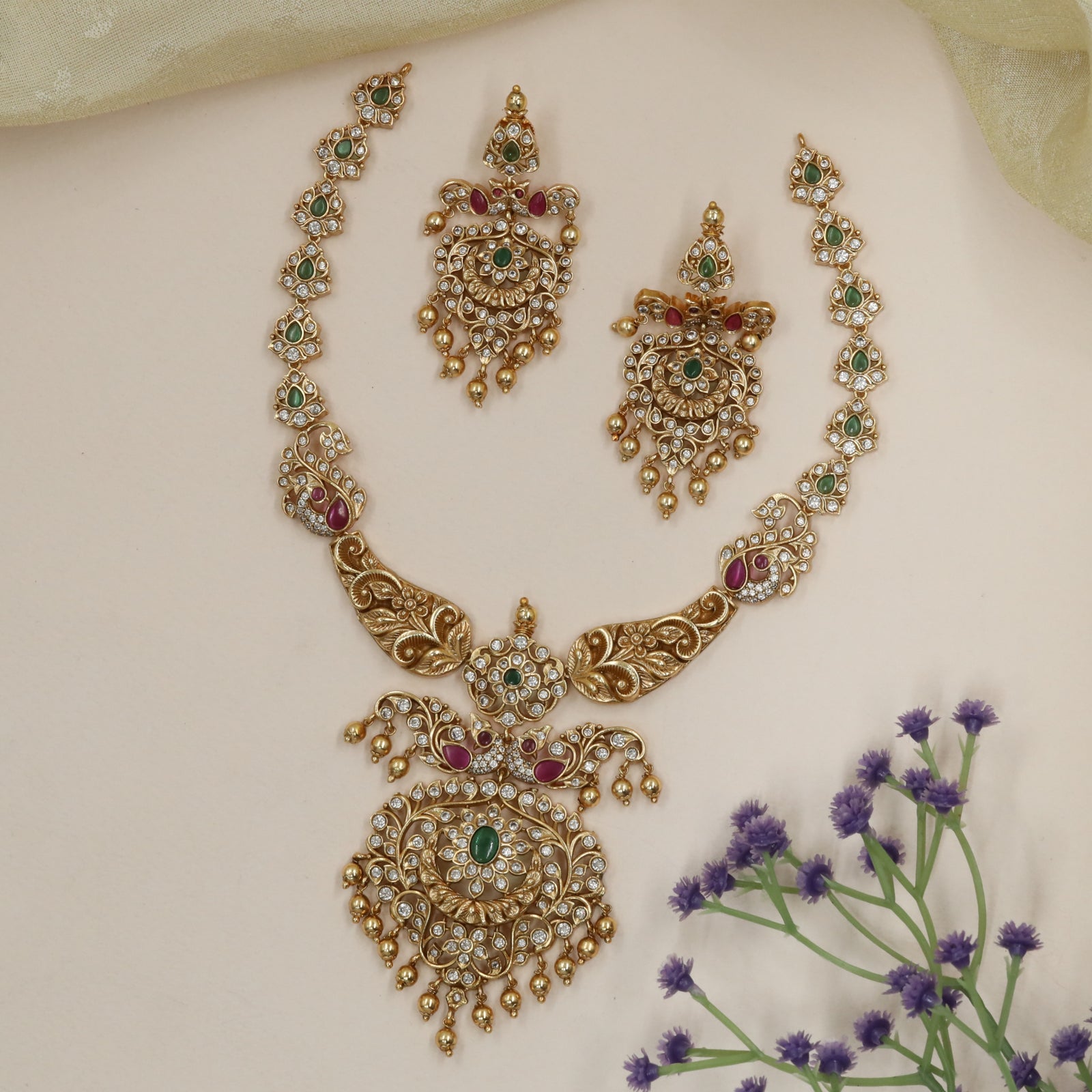 Twin Peacock Crest Necklace with Circular Stone Medallion and Drop Border