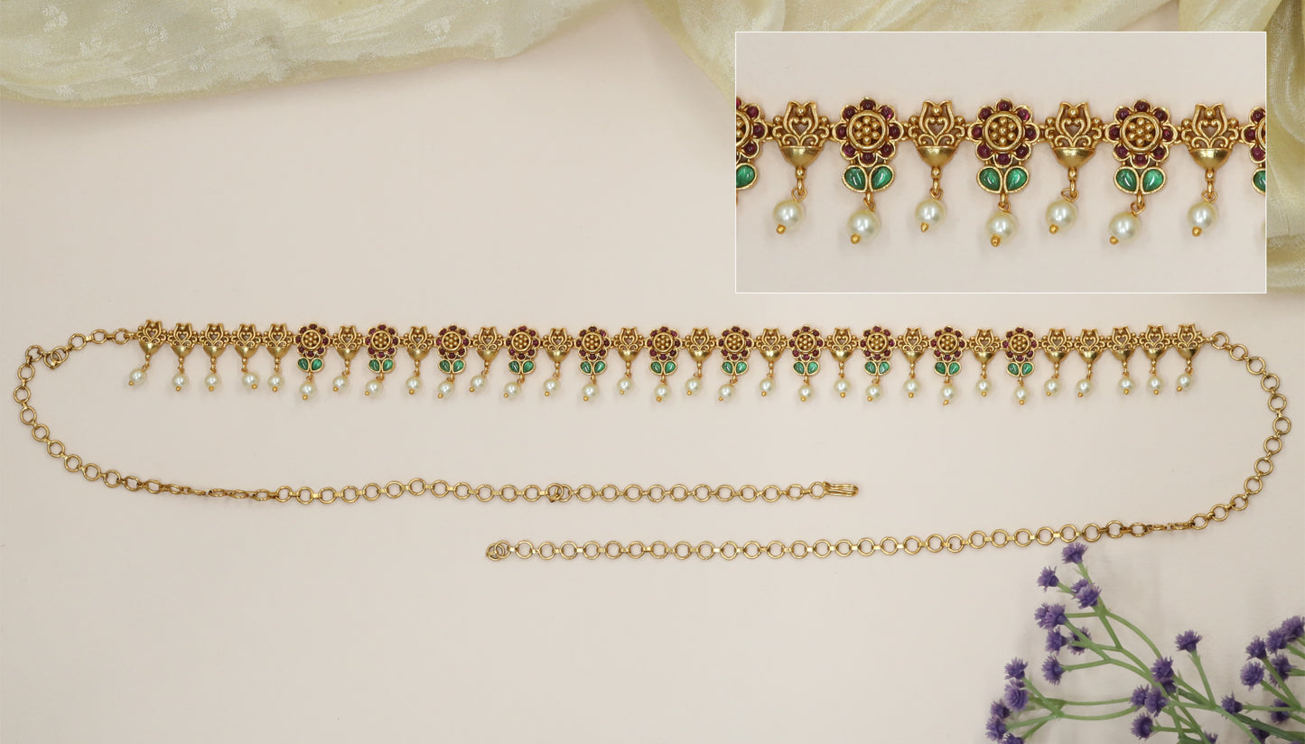 Floral Rosette Waist Belt with Twin-Leaf Accents and Drop Fringe