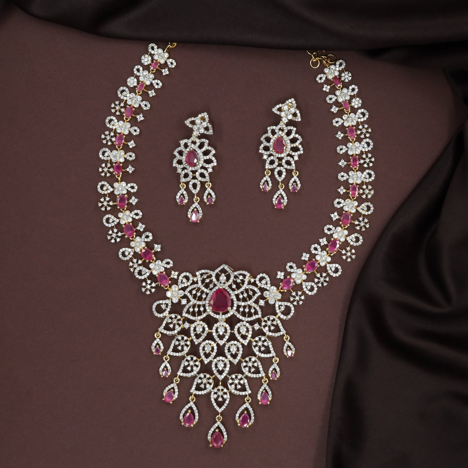 Floral-Teardrop Core Pendant Expanded into Cascading Drop Sections Necklace