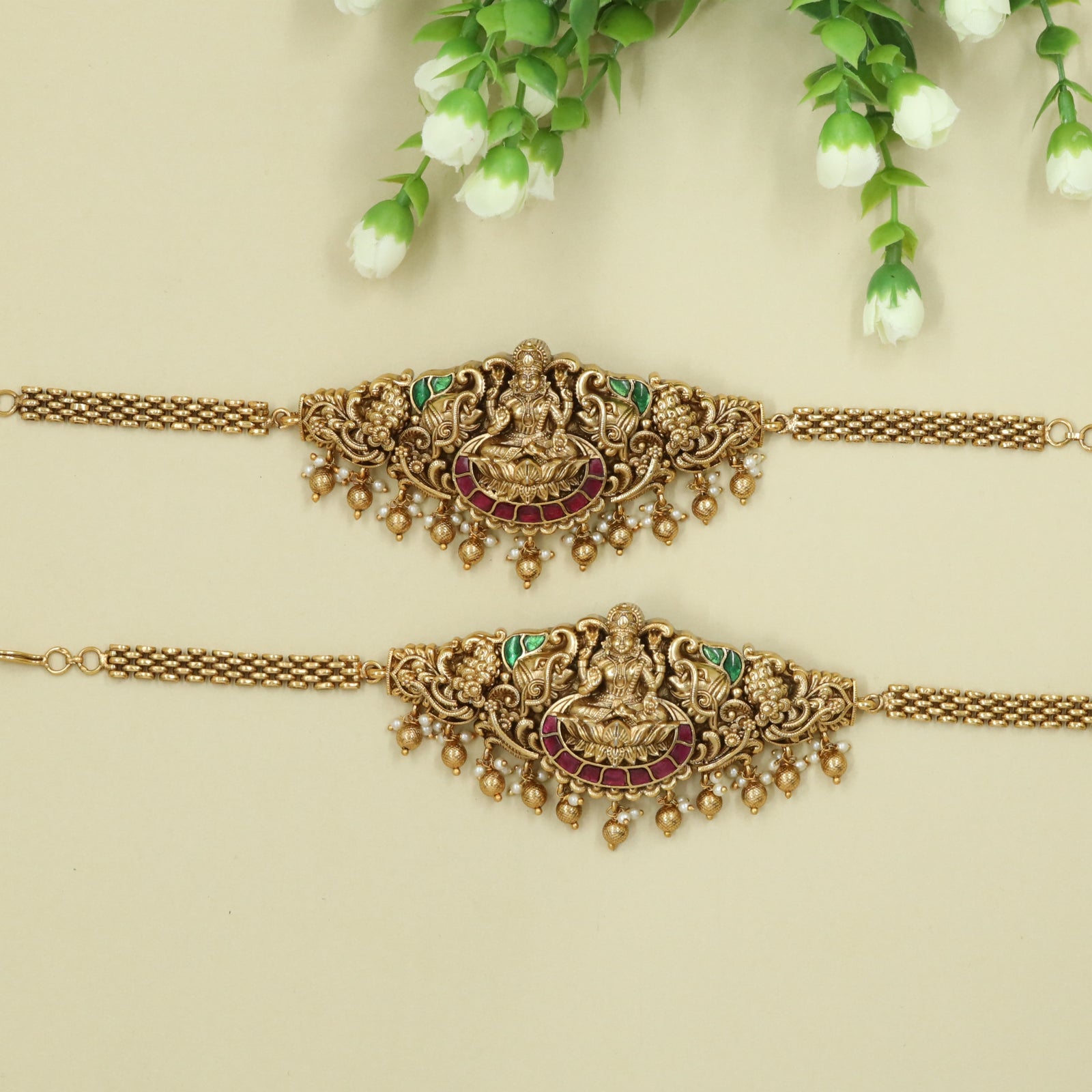 Lakshmi-on-Lotus Baju Bandi with Dense Floral Design and Drop Fringe