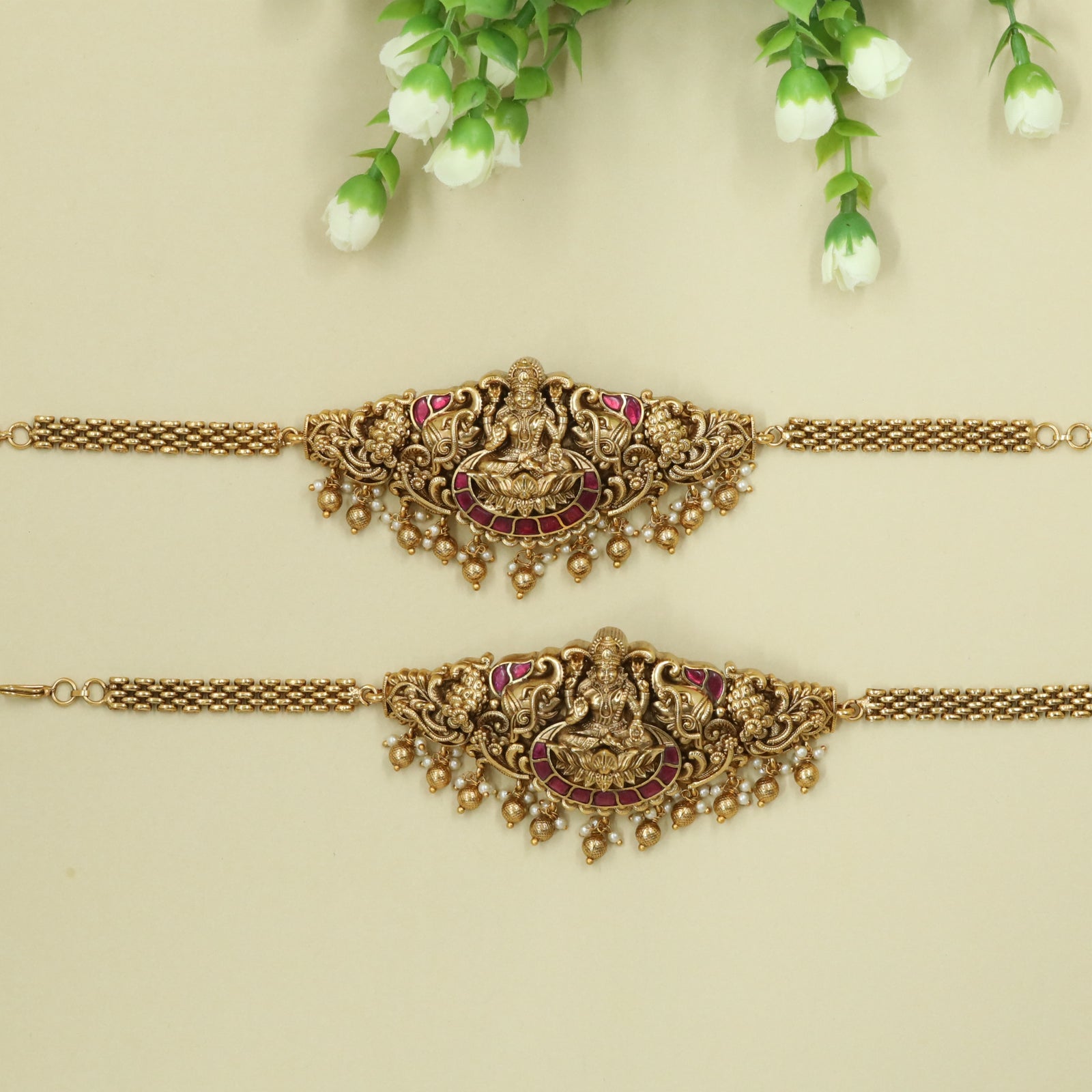 Lakshmi-on-Lotus Baju Bandi with Dense Floral Design and Drop Fringe