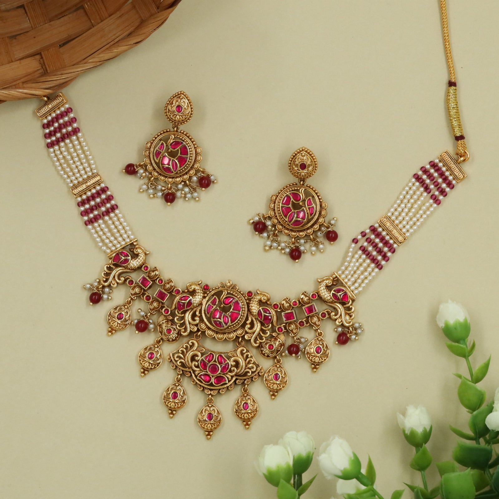 Decorative Peacock Necklace with Framed Circular Motifs and Hangings