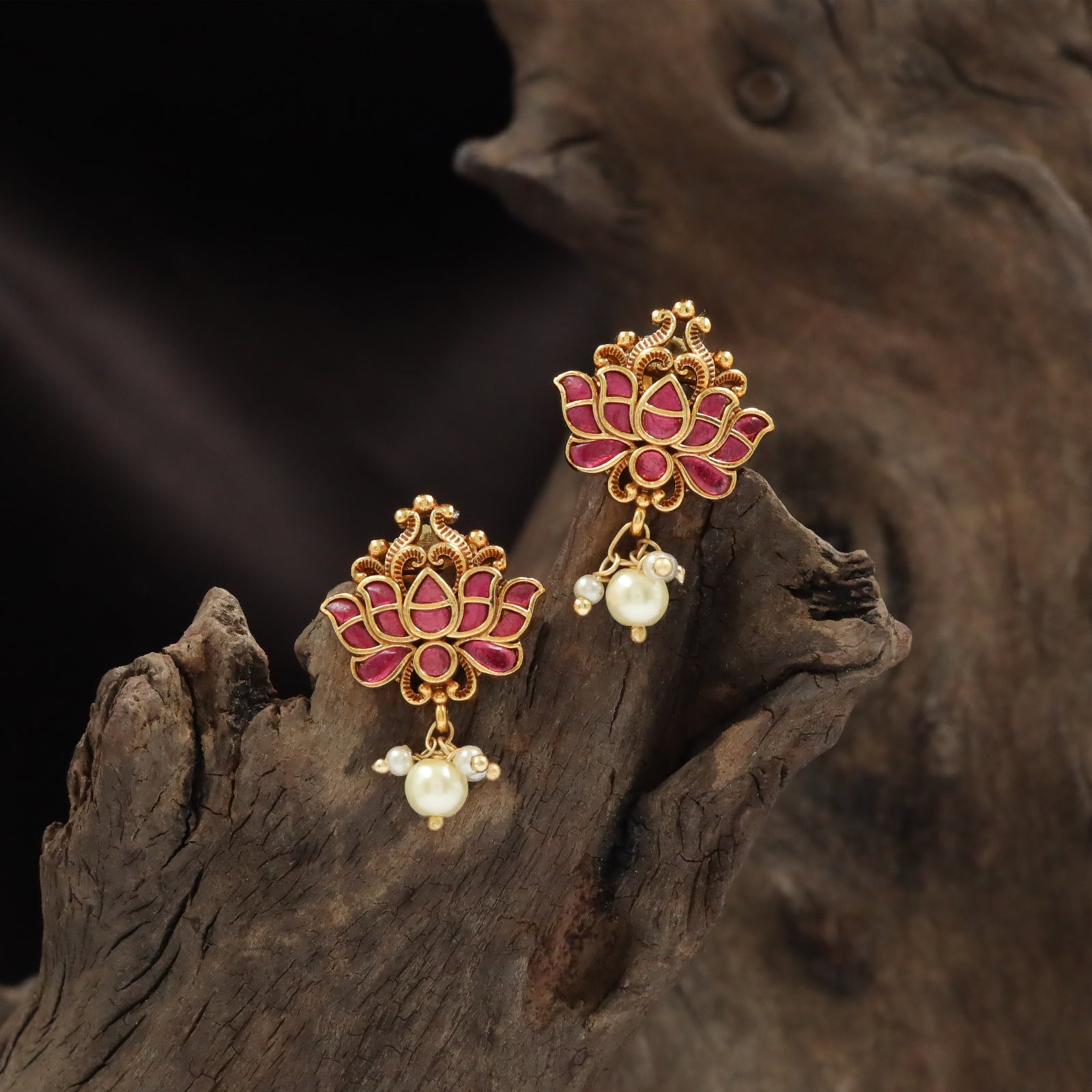 Lotus Bloom Stud with Petal Stone Inlay and Pearl Drop