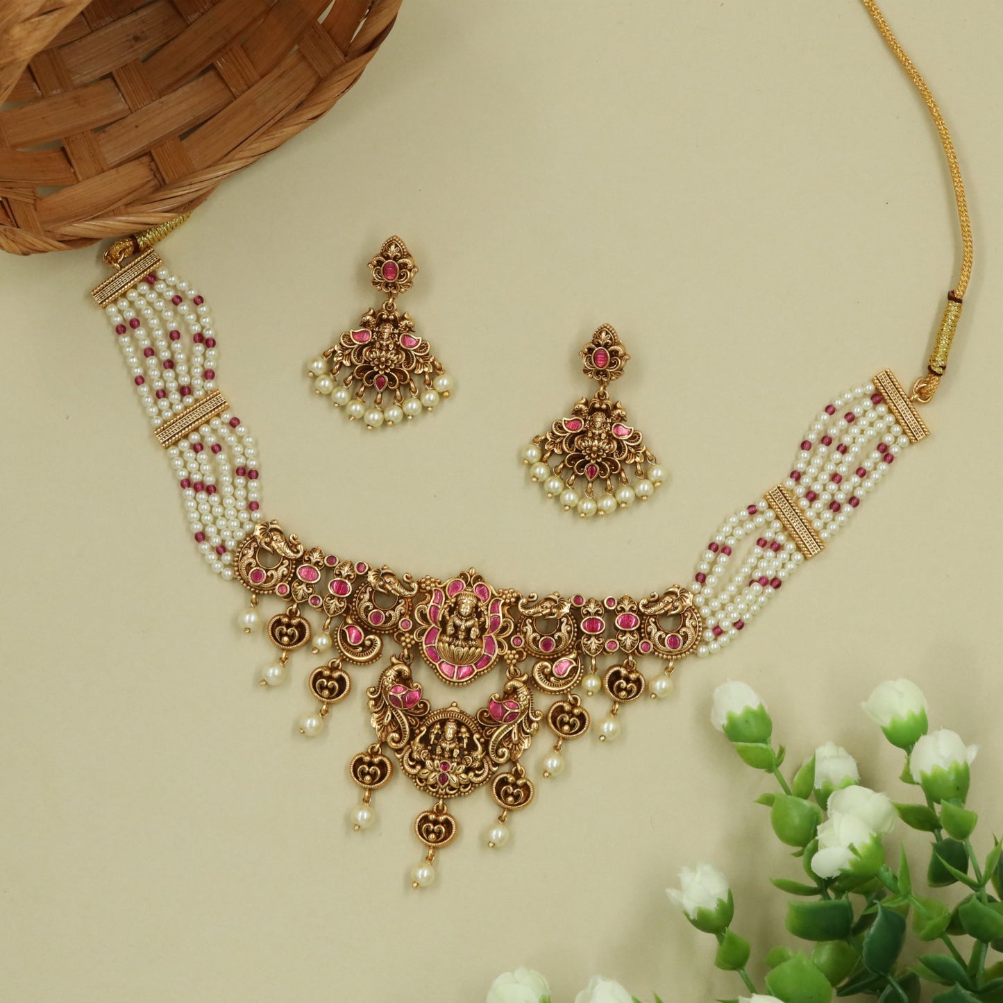 Antique Lakshmi Necklace with Elephant Flanks and Sculpted Hanging Elements