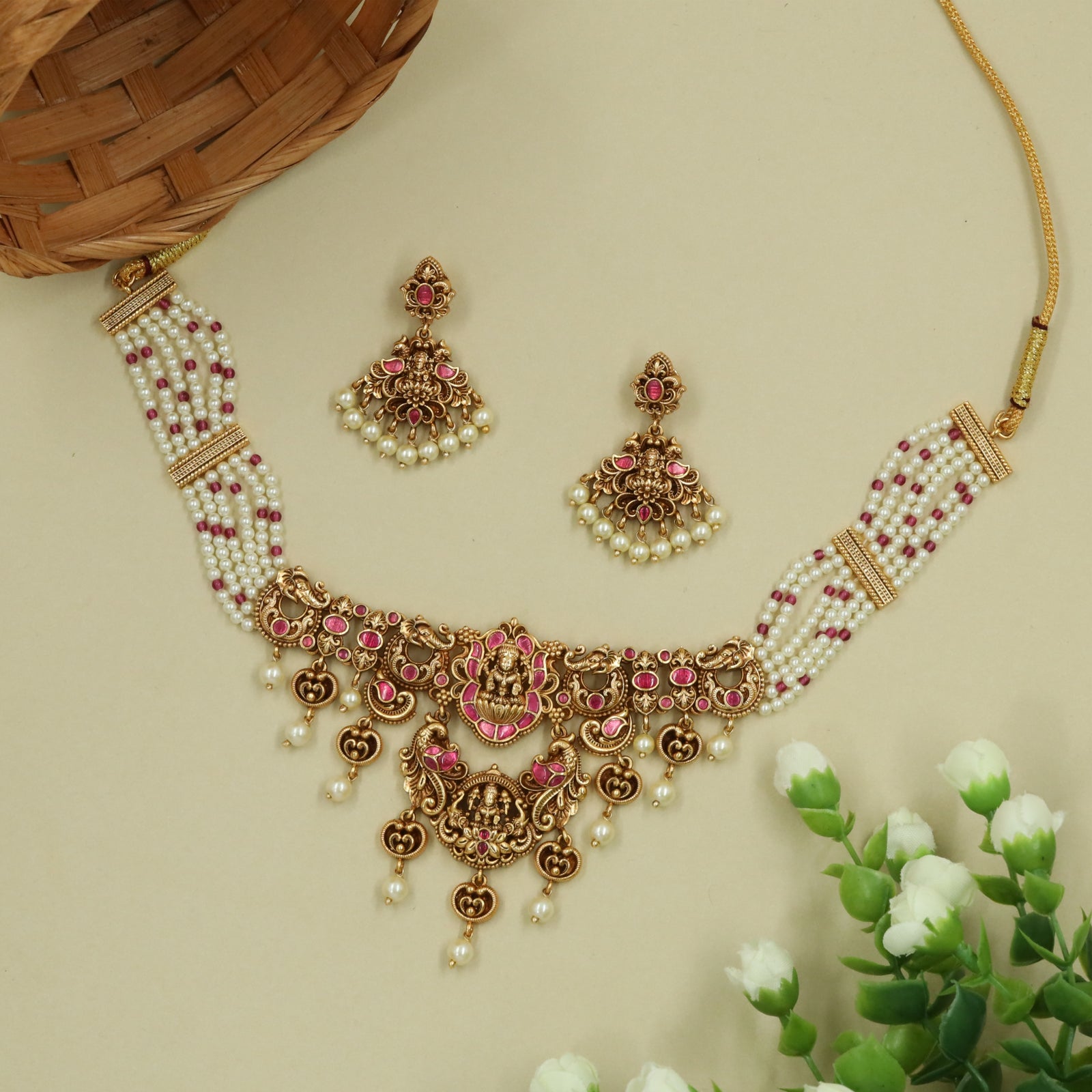 Antique Lakshmi Necklace with Elephant Flanks and Sculpted Hanging Elements