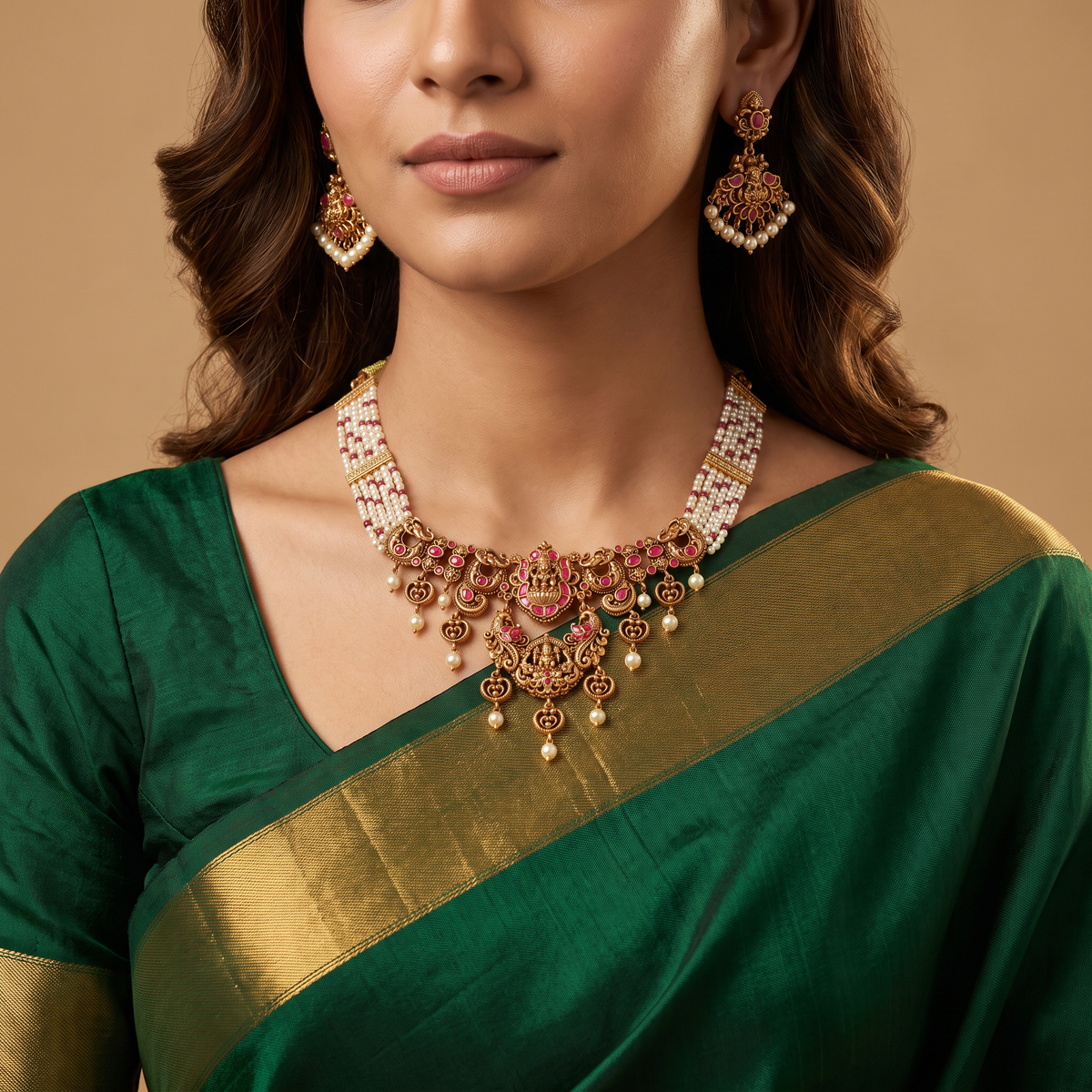 Antique Lakshmi Necklace with Elephant Flanks and Sculpted Hanging Elements