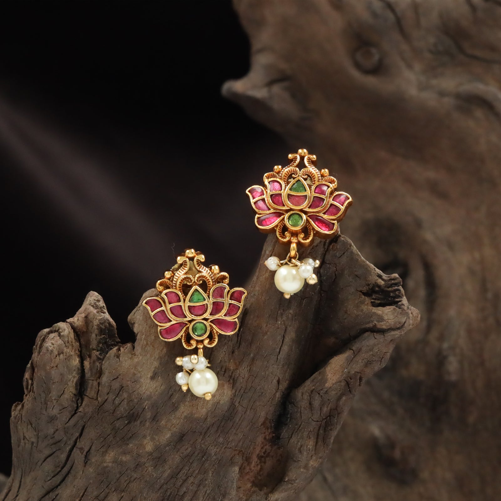 Lotus Bloom Stud with Petal Stone Inlay and Pearl Drop