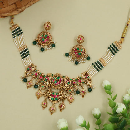 Decorative Peacock Necklace with Framed Circular Motifs and Hangings