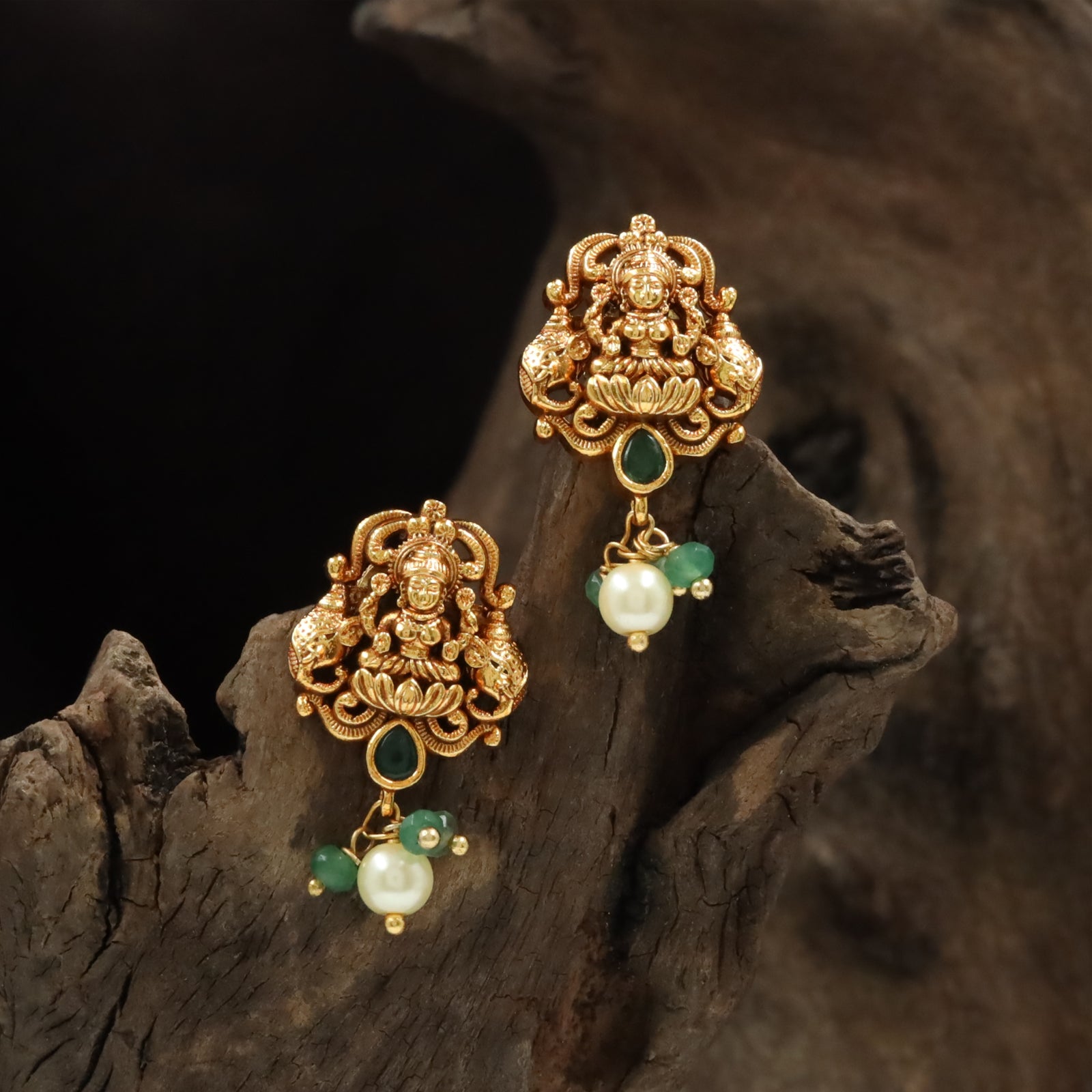 Lakshmi Lotus-Seat Stud with Twin Elephant Frame and Drop Cluster