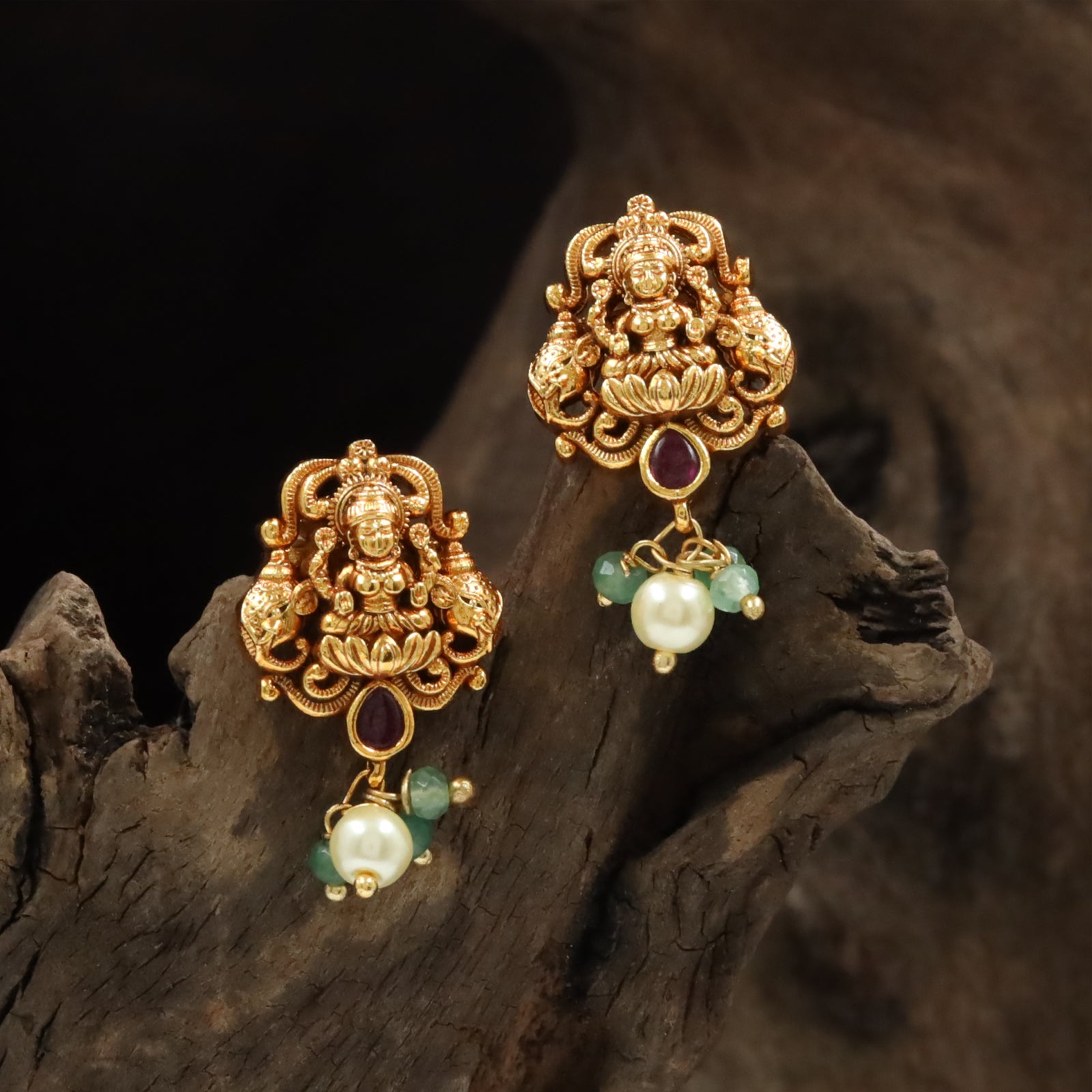 Lakshmi Lotus-Seat Stud with Twin Elephant Frame and Drop Cluster
