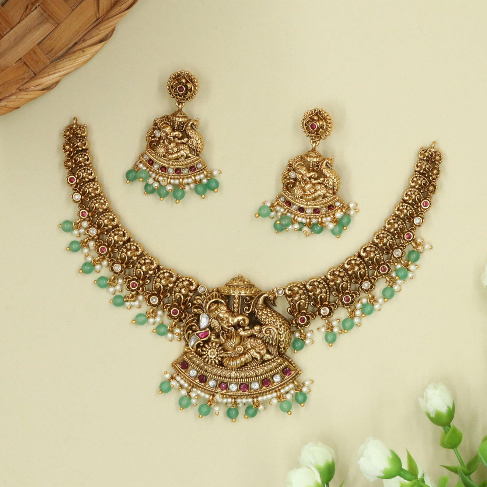 Ganesha Sanctum Necklace with Peacock Companion and Tiered Drop Edge