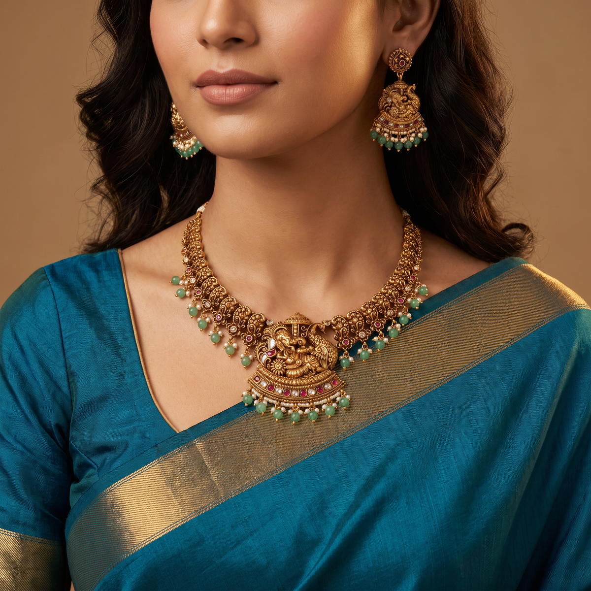 Ganesha Sanctum Necklace with Peacock Companion and Tiered Drop Edge