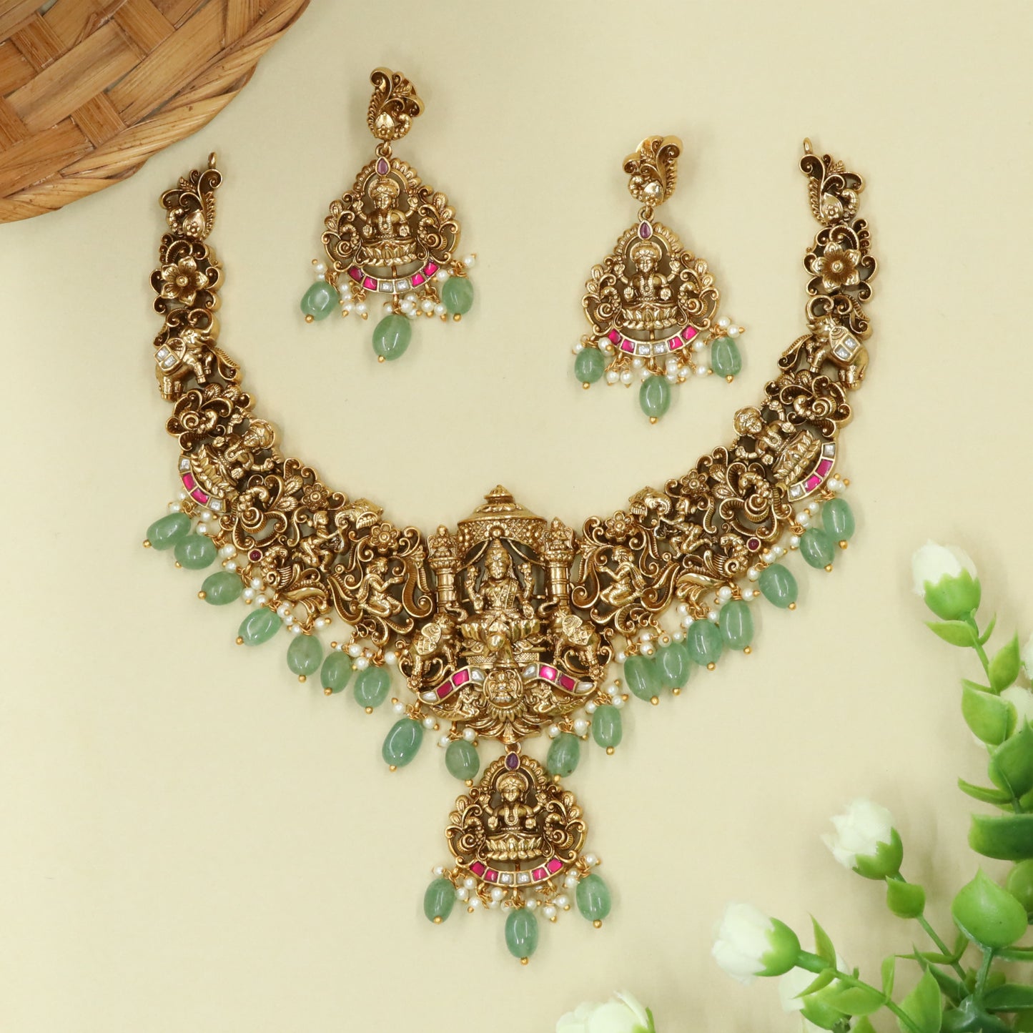 Sanctum-Arch Necklace with Seated Lakshmi, Elephant Guardians, and Drop Fringe