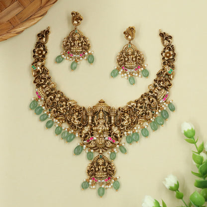 Sanctum-Arch Necklace with Seated Lakshmi, Elephant Guardians, and Drop Fringe