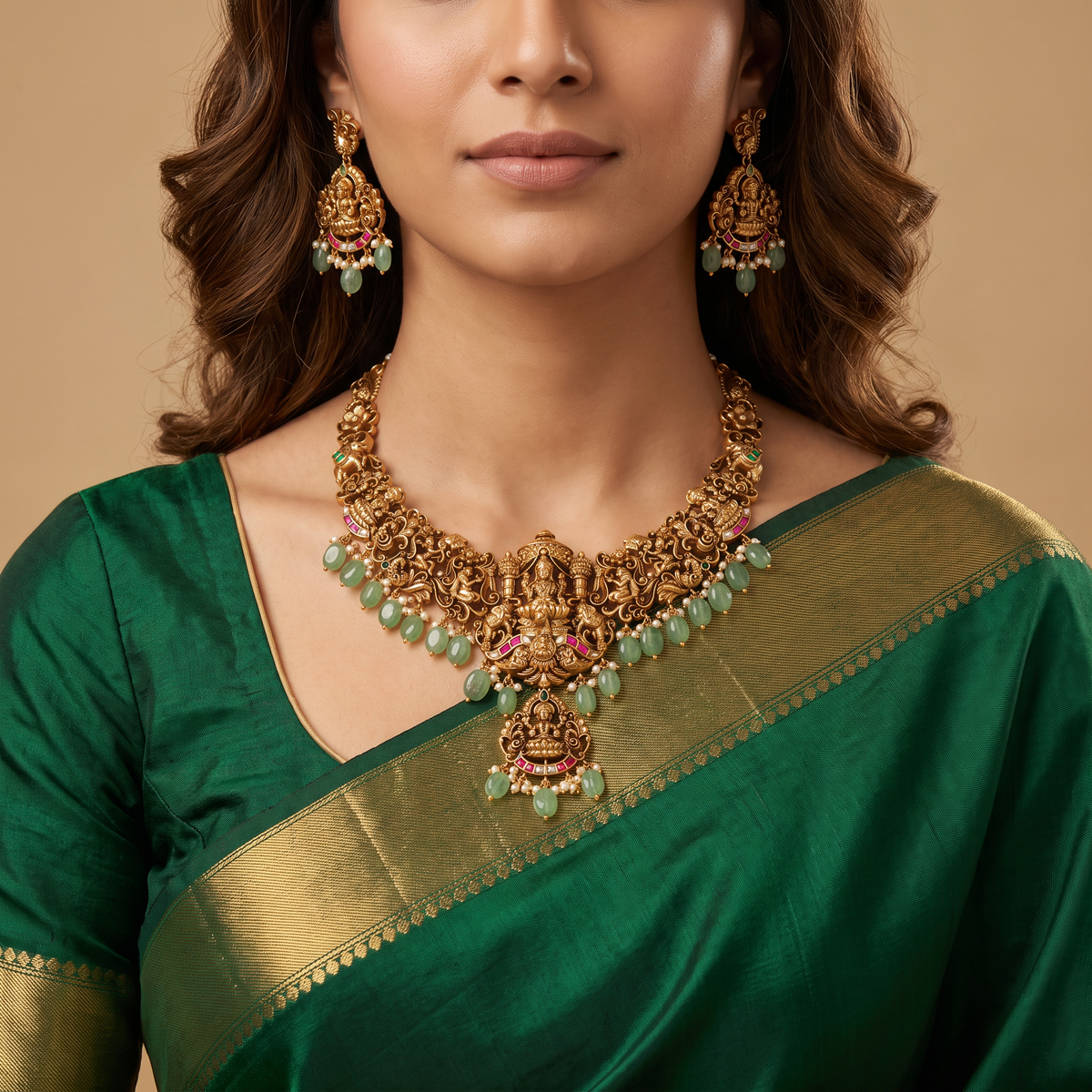 Sanctum-Arch Necklace with Seated Lakshmi, Elephant Guardians, and Drop Fringe