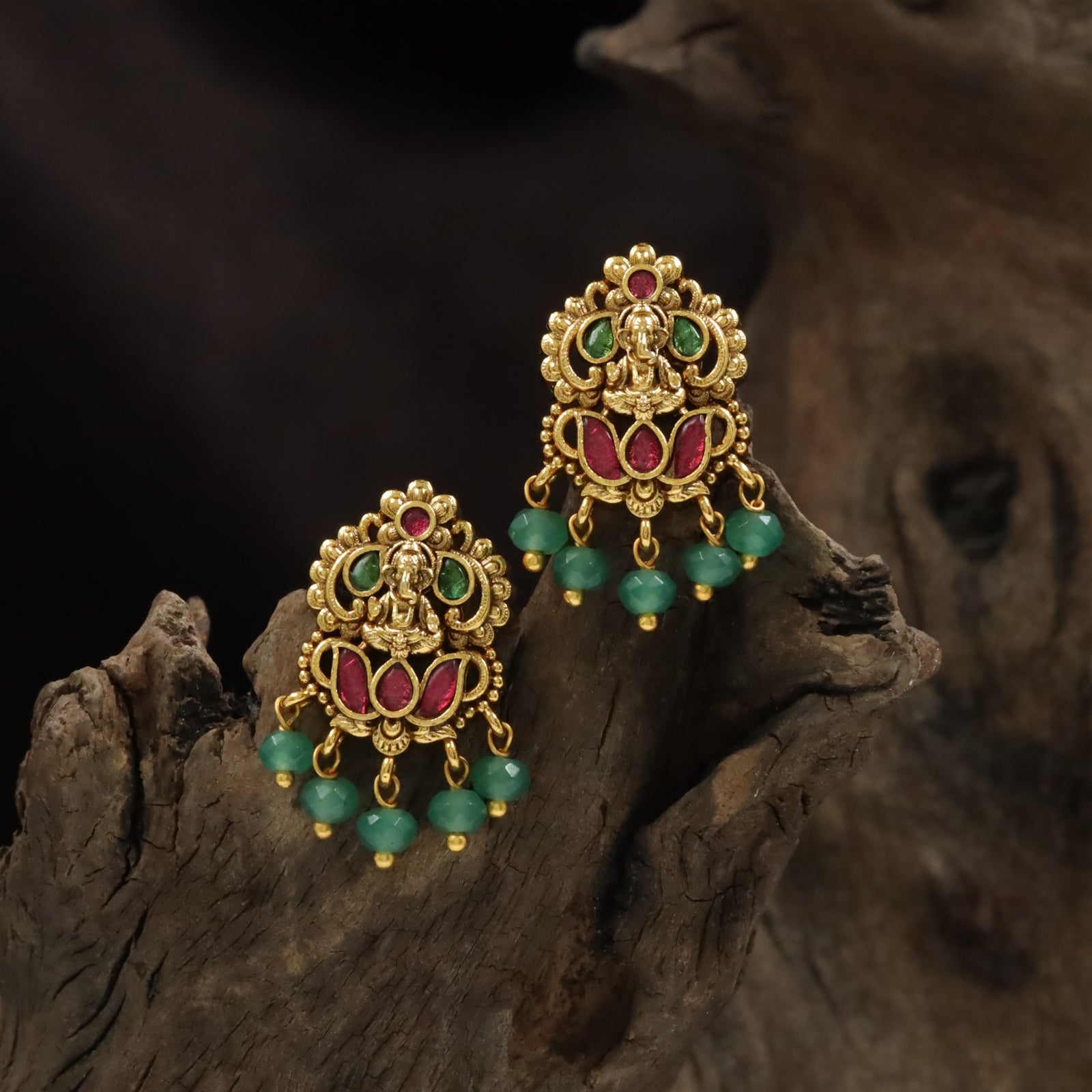 Sculptural Ganesha Studs with Stone Hangings