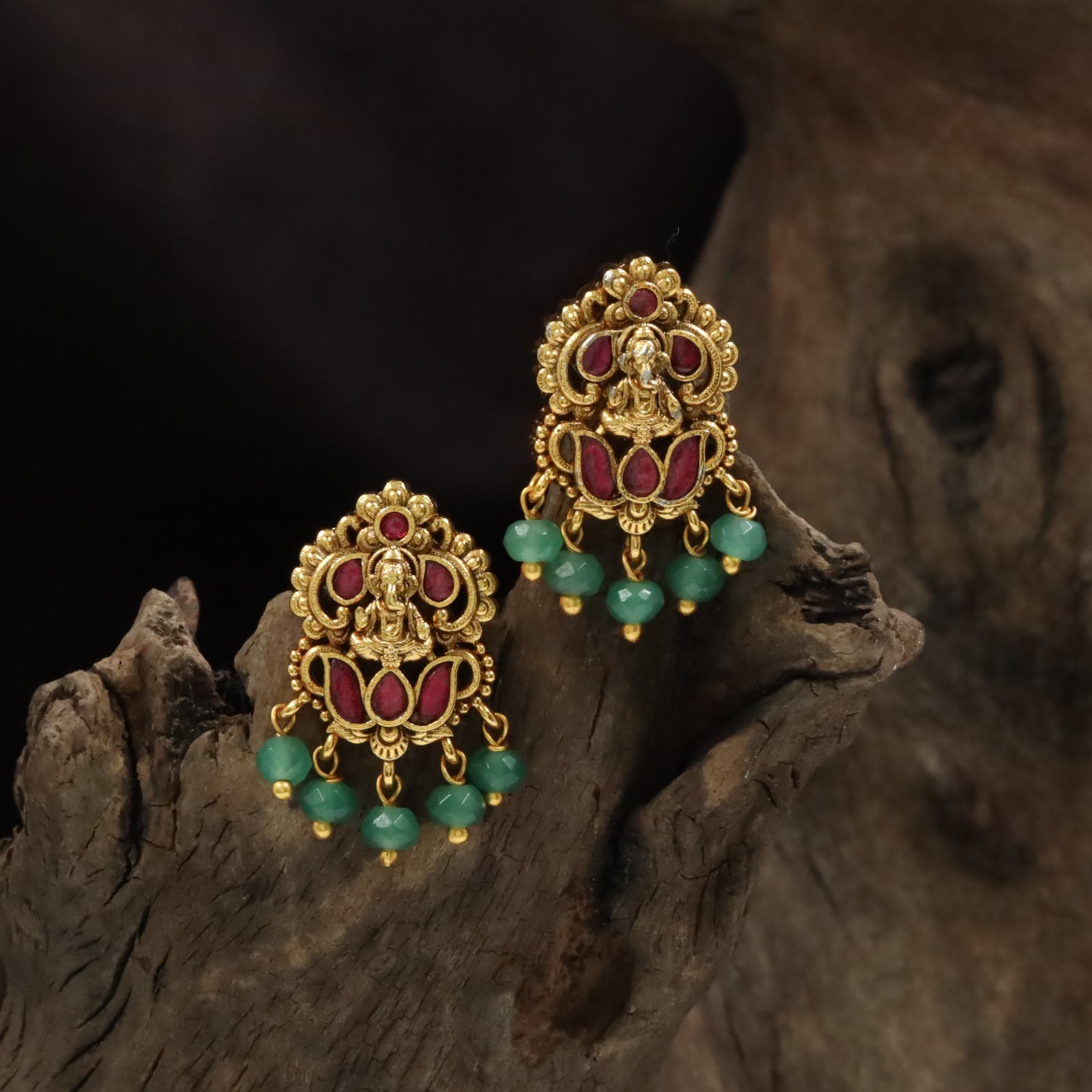 Sculptural Ganesha Studs with Stone Hangings