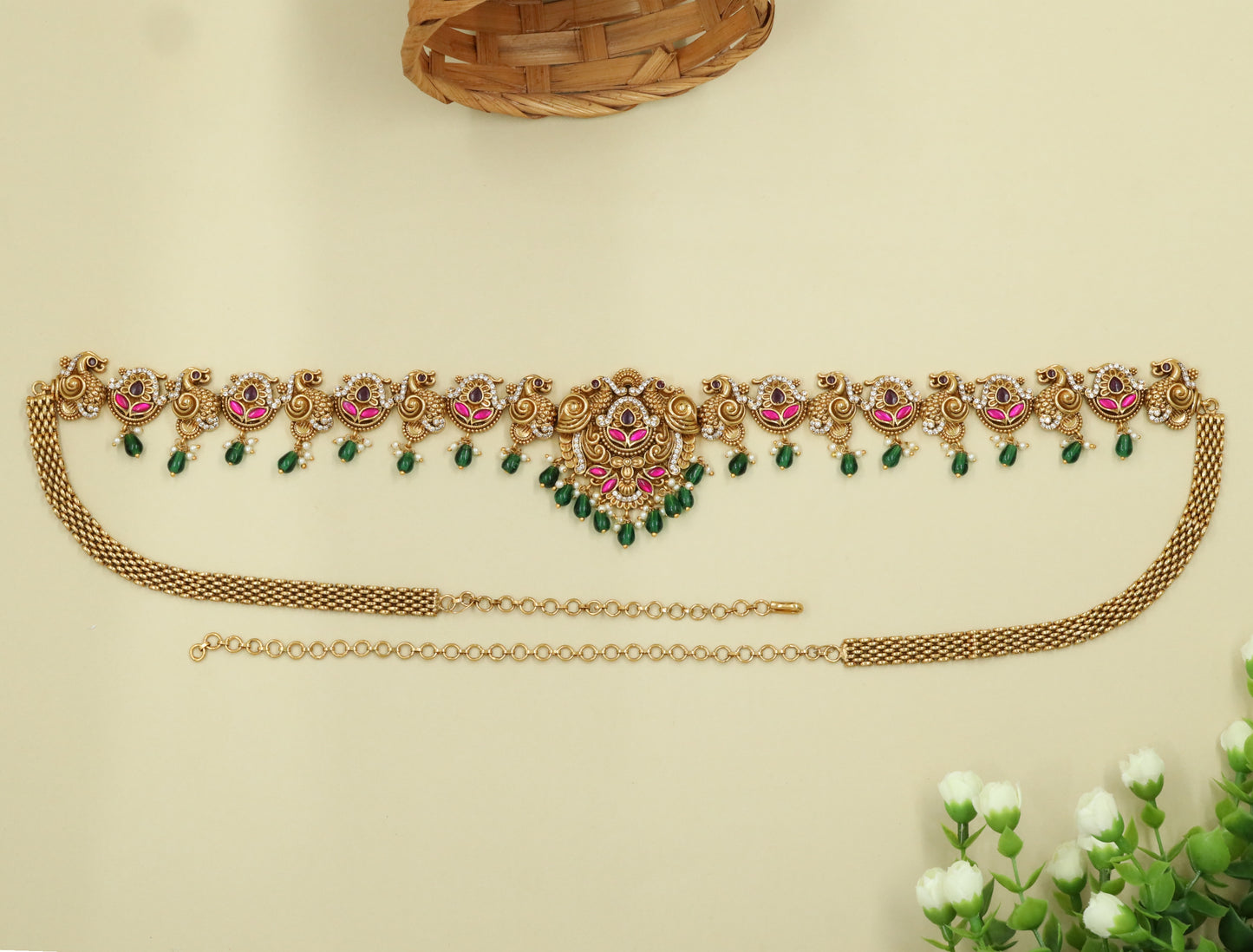 Peacock-Head Waist Belt with Central Floral Medallion and Drop Fringe