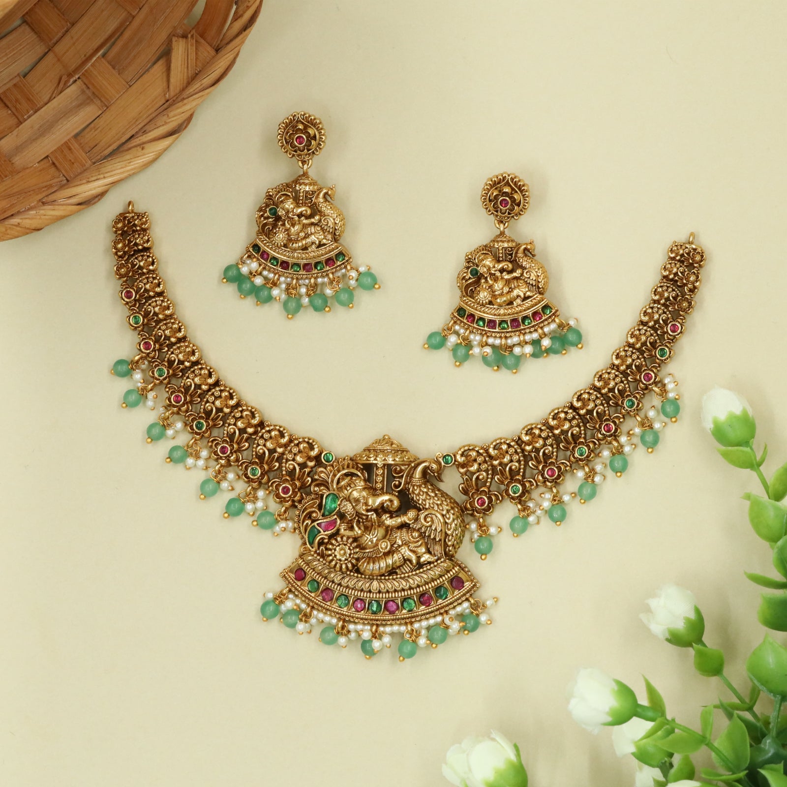 Ganesha Sanctum Necklace with Peacock Companion and Tiered Drop Edge
