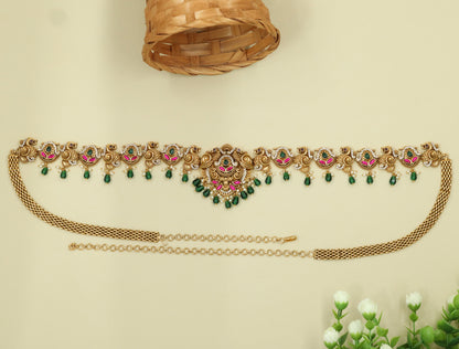 Peacock-Head Waist Belt with Central Floral Medallion and Drop Fringe
