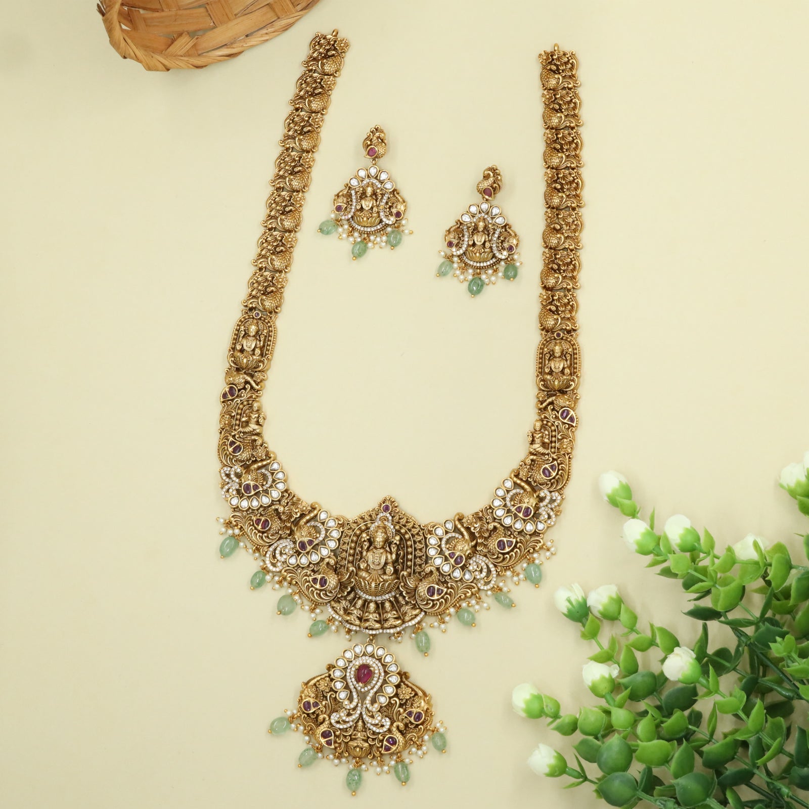 Classic South Indian Long Haara Highlighting Lakshmi Form and Structured Pendant Flow