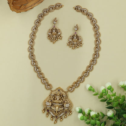 Grand Dual-Deity Long Haara with Lakshmi Crown Motif and Ganesha Base Panel with Peacock-Link Architecture