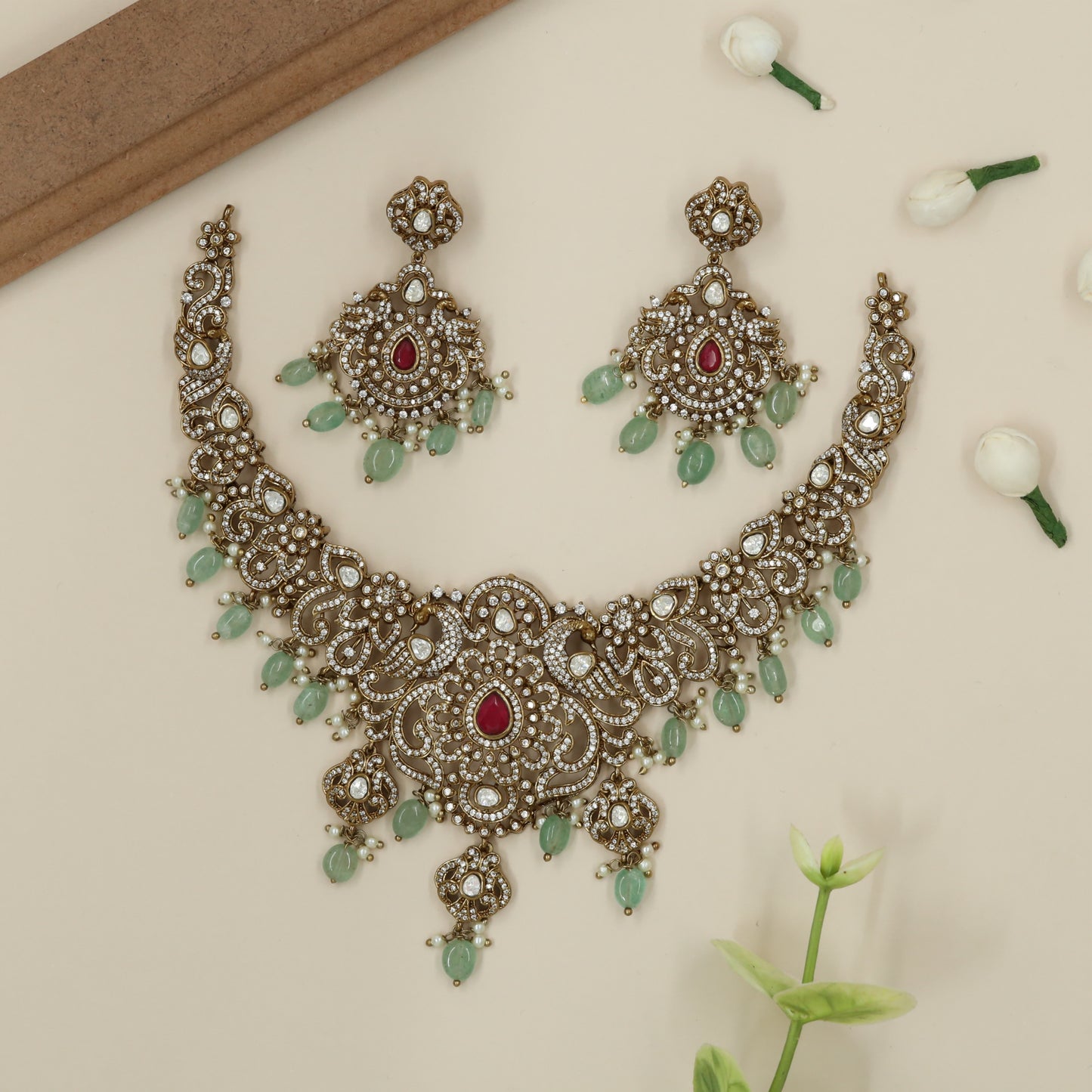 Decorative Peacock Scroll Victorian Necklace with Central Petal Cluster