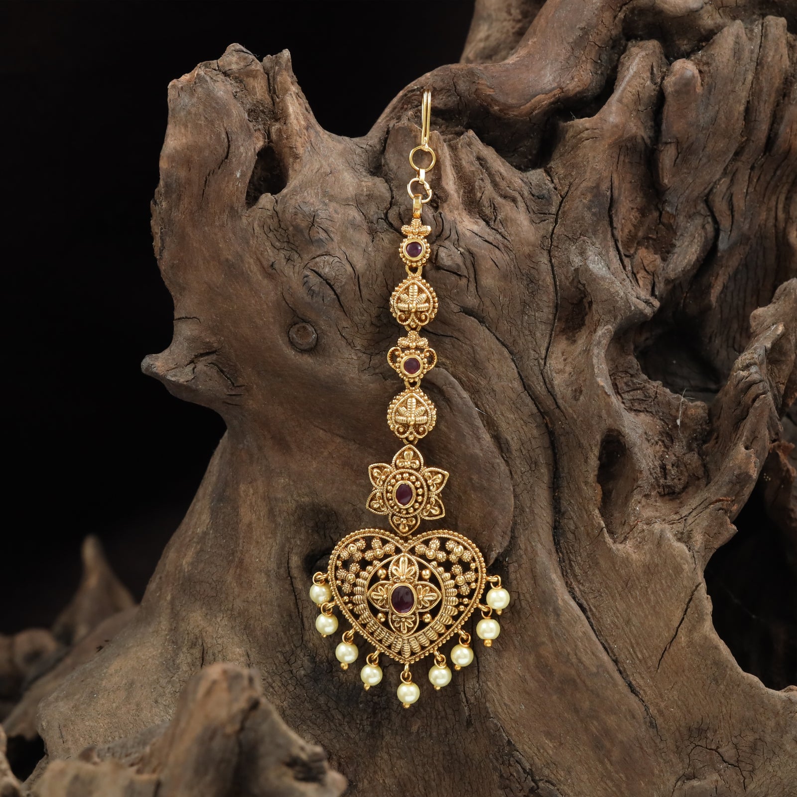 Classic Heart Tikka with Green and Red Stone Accents and Pearls
