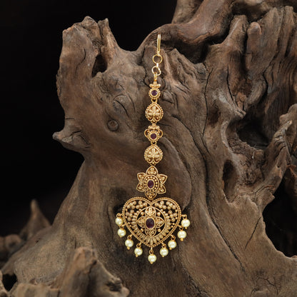 Classic Heart Tikka with Green and Red Stone Accents and Pearls