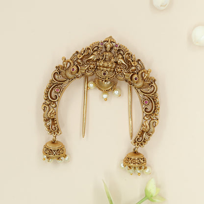 Antique Finish Goddess Arch With Twin Peacocks And Hanging Domes