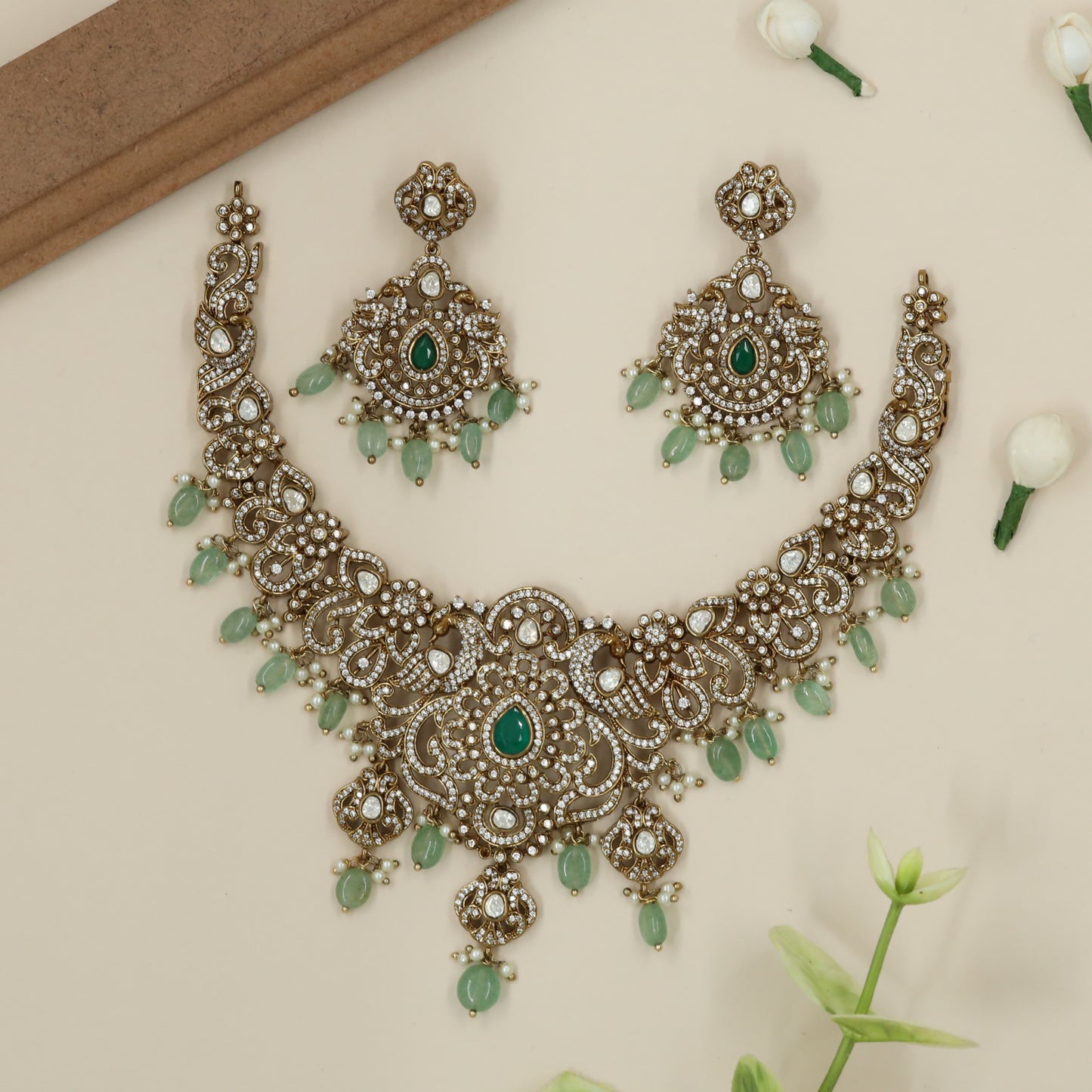 Decorative Peacock Scroll Victorian Necklace with Central Petal Cluster