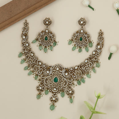 Decorative Peacock Scroll Victorian Necklace with Central Petal Cluster