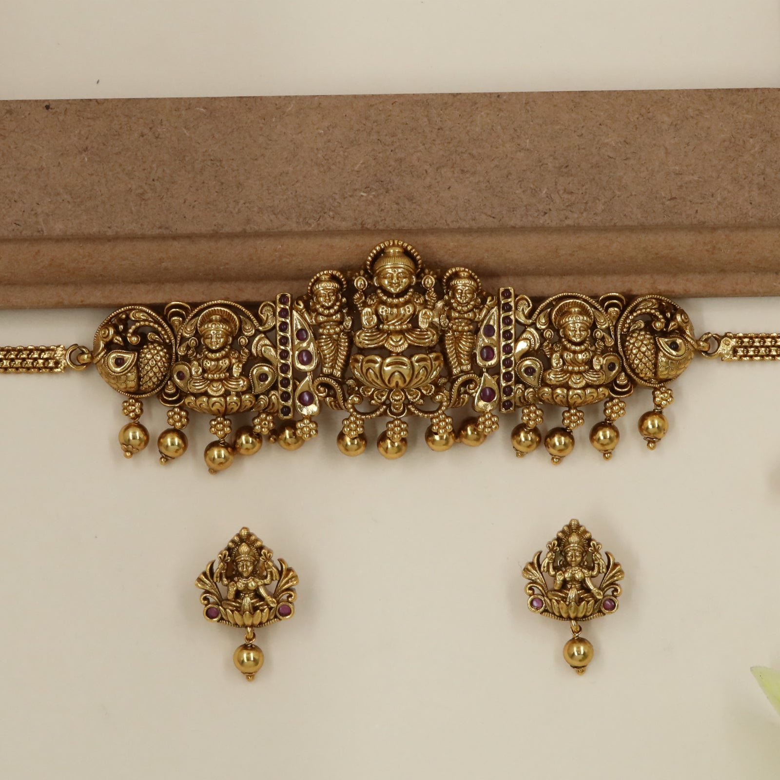 Traditional Temple Relief Choker with Triple Lakshmi Motif
