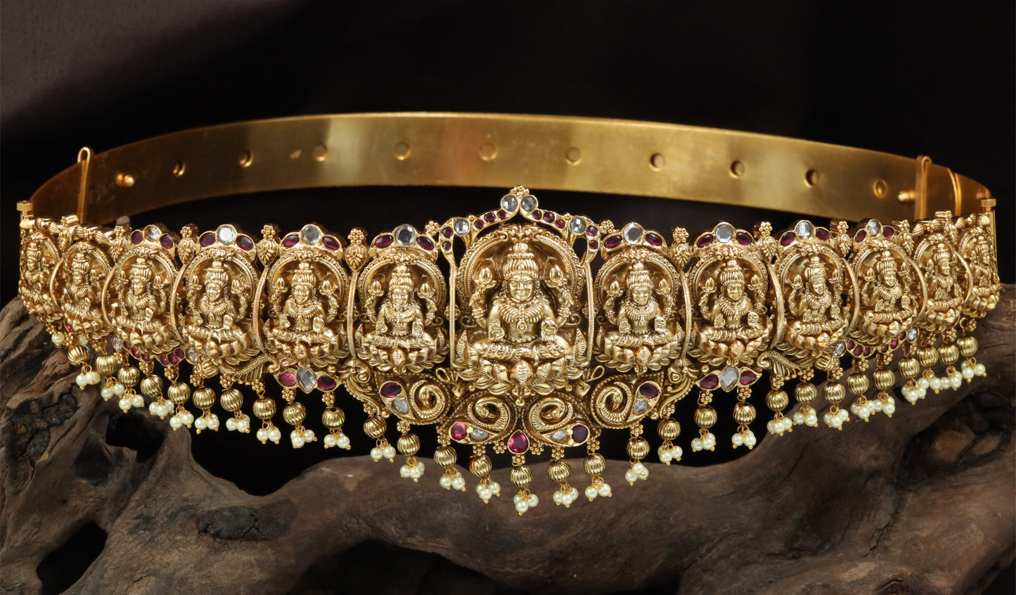 Multi-Lakshmi Panel Dabu with Lotus Thrones and Pearl Drops