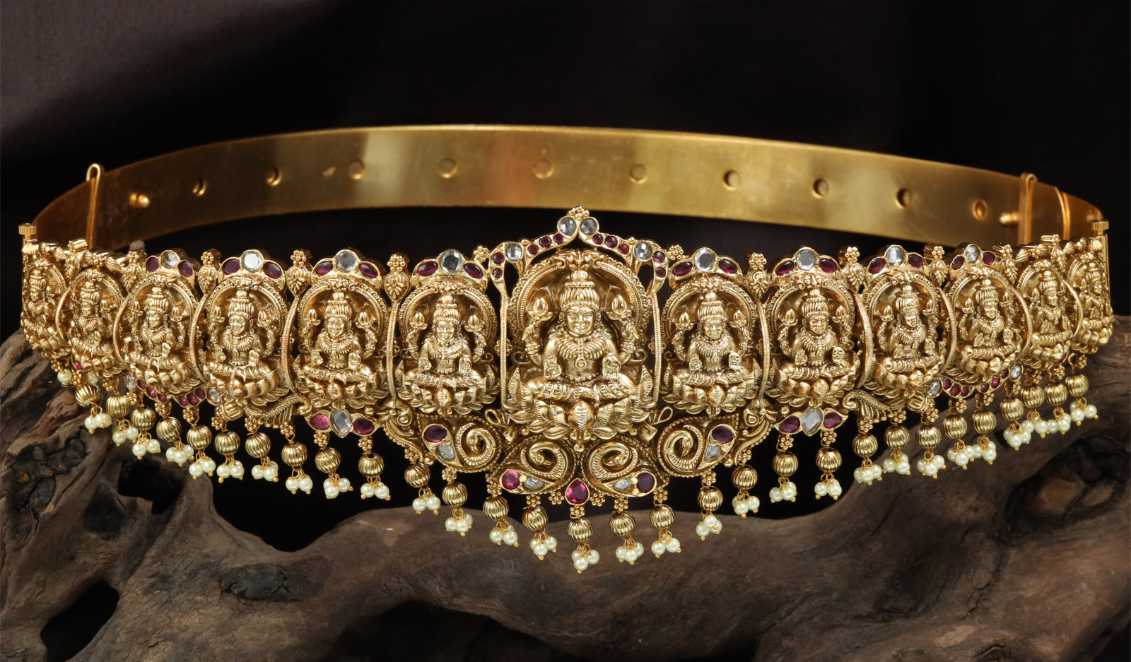 Multi-Lakshmi Panel Dabu with Lotus Thrones and Pearl Drops