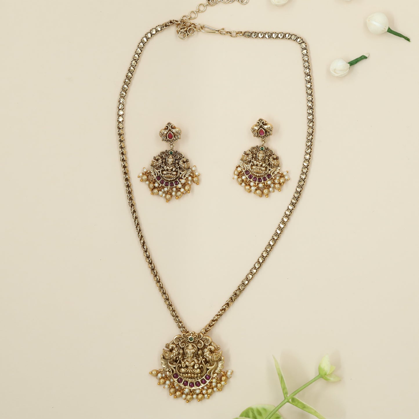 Temple Lakshmi Pendant with Twin Yali Guardians and Crescent Stone Border