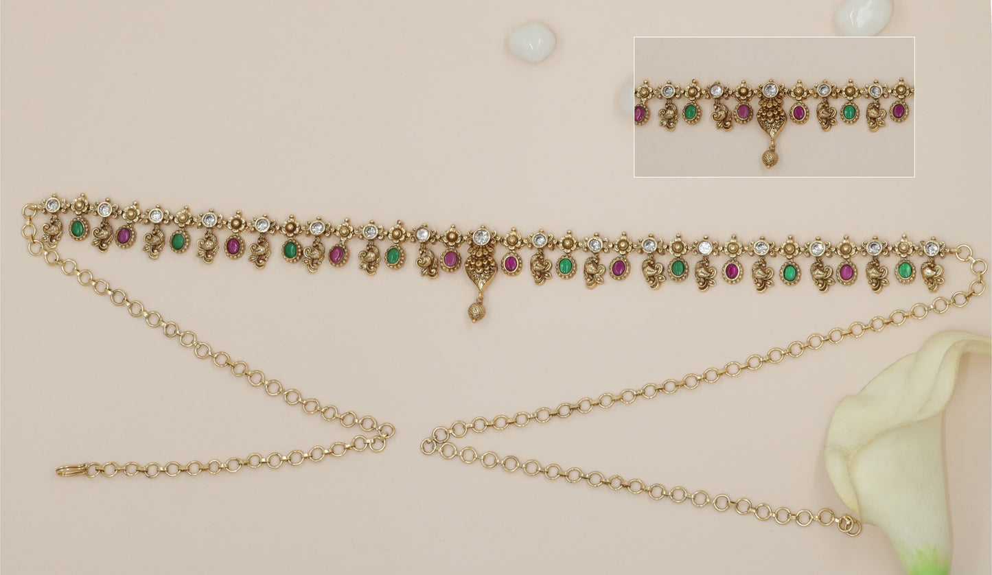 Peacock Link Waist Belt with Alternating Oval Stone Drops and Central Pendant