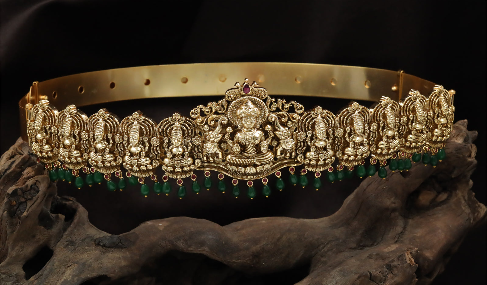 Grand Lakshmi Centrepiece Dabu with Elephant Guardians and Emerald Bead Fringe