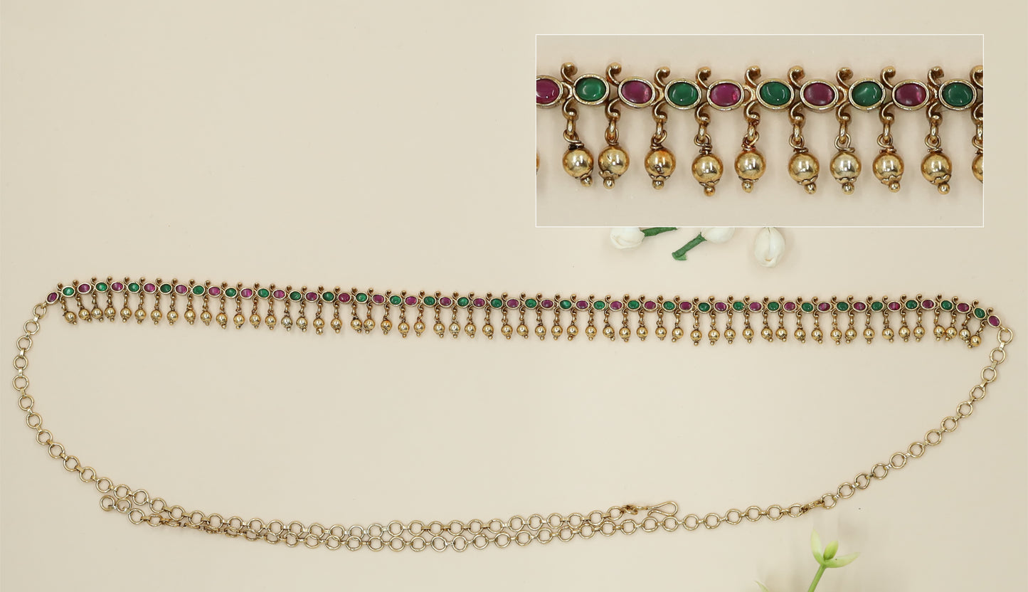 Traditional Waist Belt with Twin-Tone Oval Pattern and Gold Drops