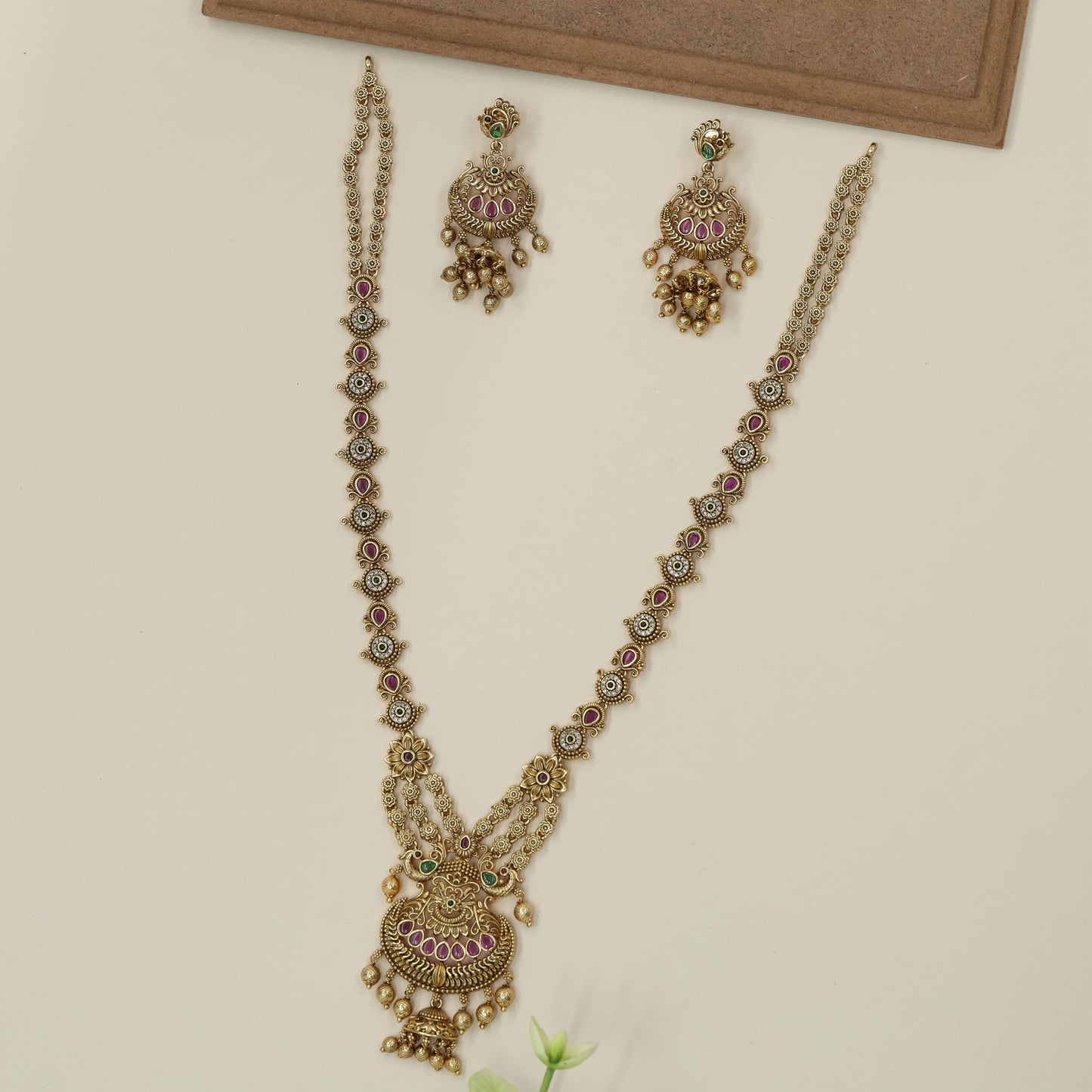Classic South Indian Long Haara with Ornate Half-Moon Pendant