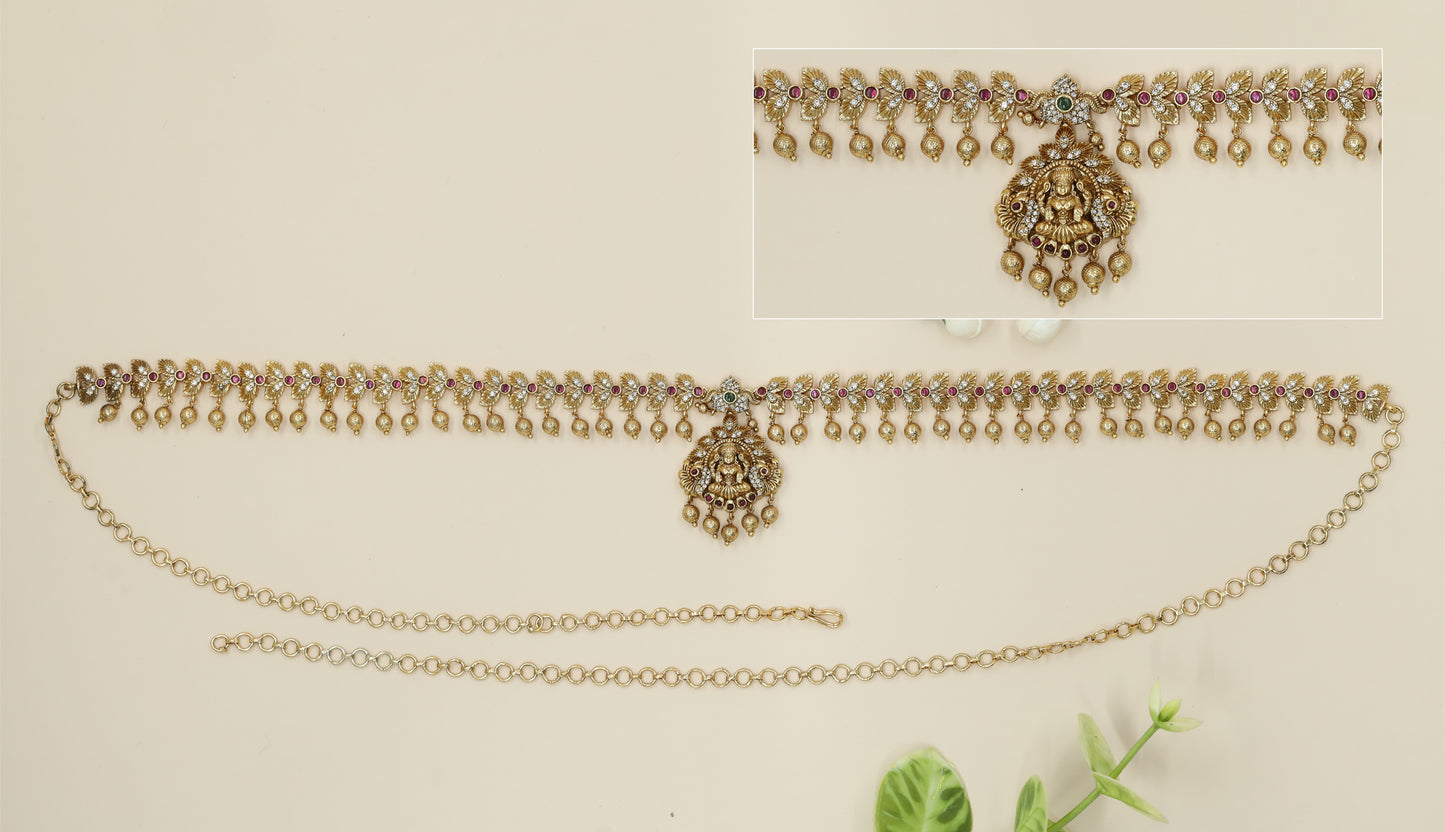 Lakshmi Pendant Waist Belt with Leaf Panel Chain and Dome Drops