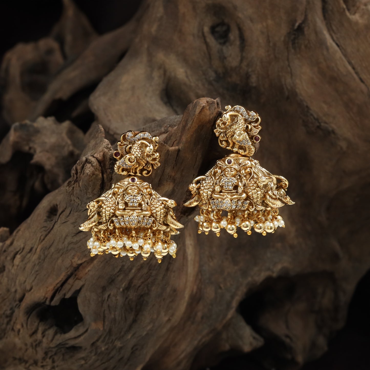 Lakshmi Seated Jumka with Twin Peacocks and Pearl Drop Fringe