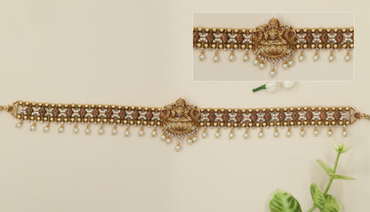 Grand Temple Waist Belt with Lotus-Seated Lakshmi and Floral Connectors and Drop Pearls