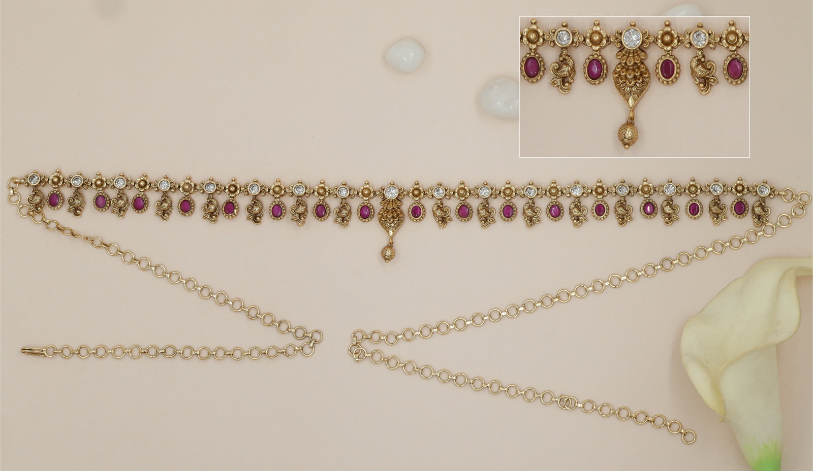 Peacock Link Waist Belt with Alternating Oval Stone Drops and Central Pendant