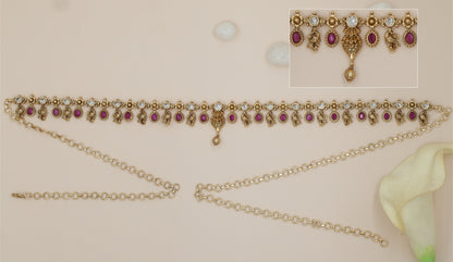 Peacock Link Waist Belt with Alternating Oval Stone Drops and Central Pendant