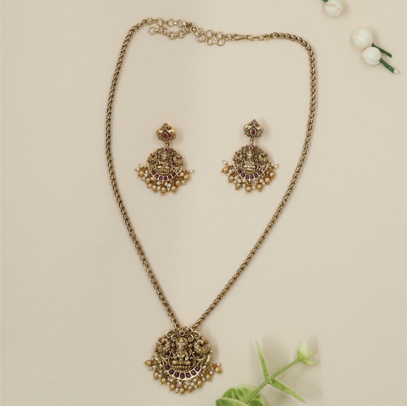 Temple Lakshmi Pendant with Twin Yali Guardians and Crescent Stone Border