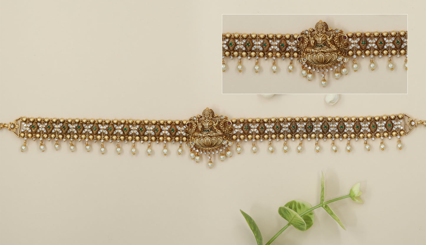 Grand Temple Waist Belt with Lotus-Seated Lakshmi and Floral Connectors and Drop Pearls